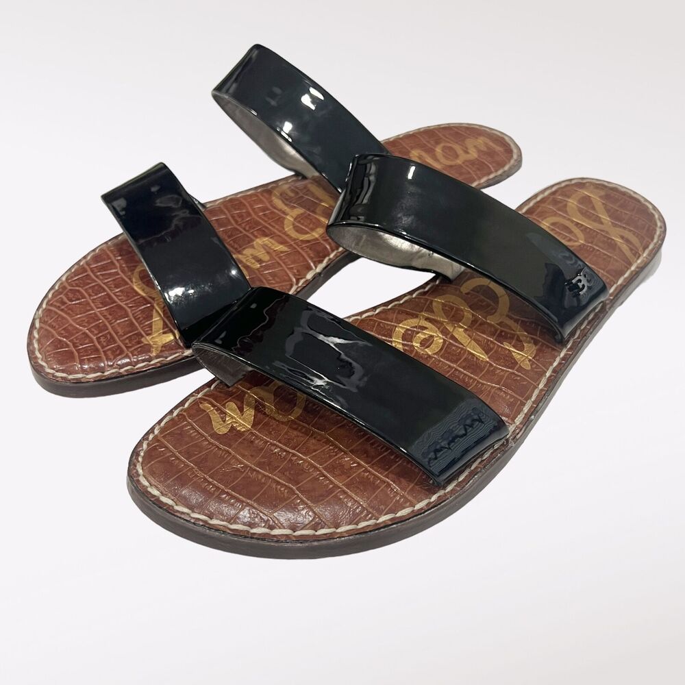 Sam Edelman Shoes Black Patent Sandals Slip On Flats Womens US Size 10.5